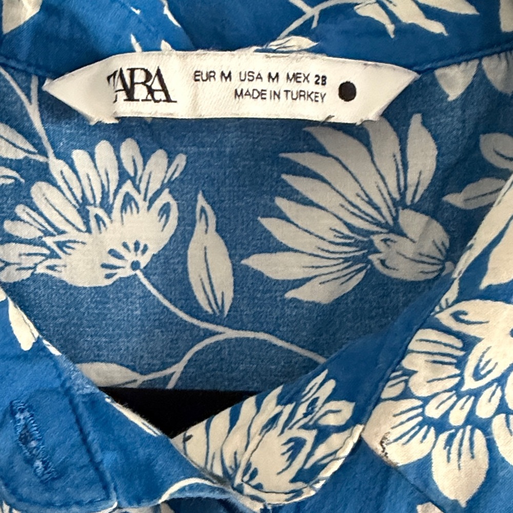 Zara Blue Floral Drop Waist Midi Shirt Dress Summer Dress - Size Medium - Picture 8 of 9